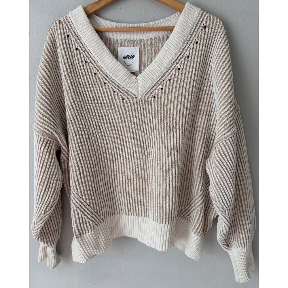 Aerie Womens Oversized Ribbed V-Neck Sweater L Striped Pullover Boho Coastal
